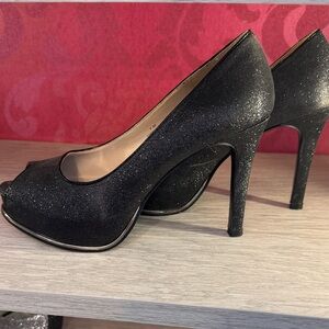 Nine West Black Glitter Peep-Toe Heels
